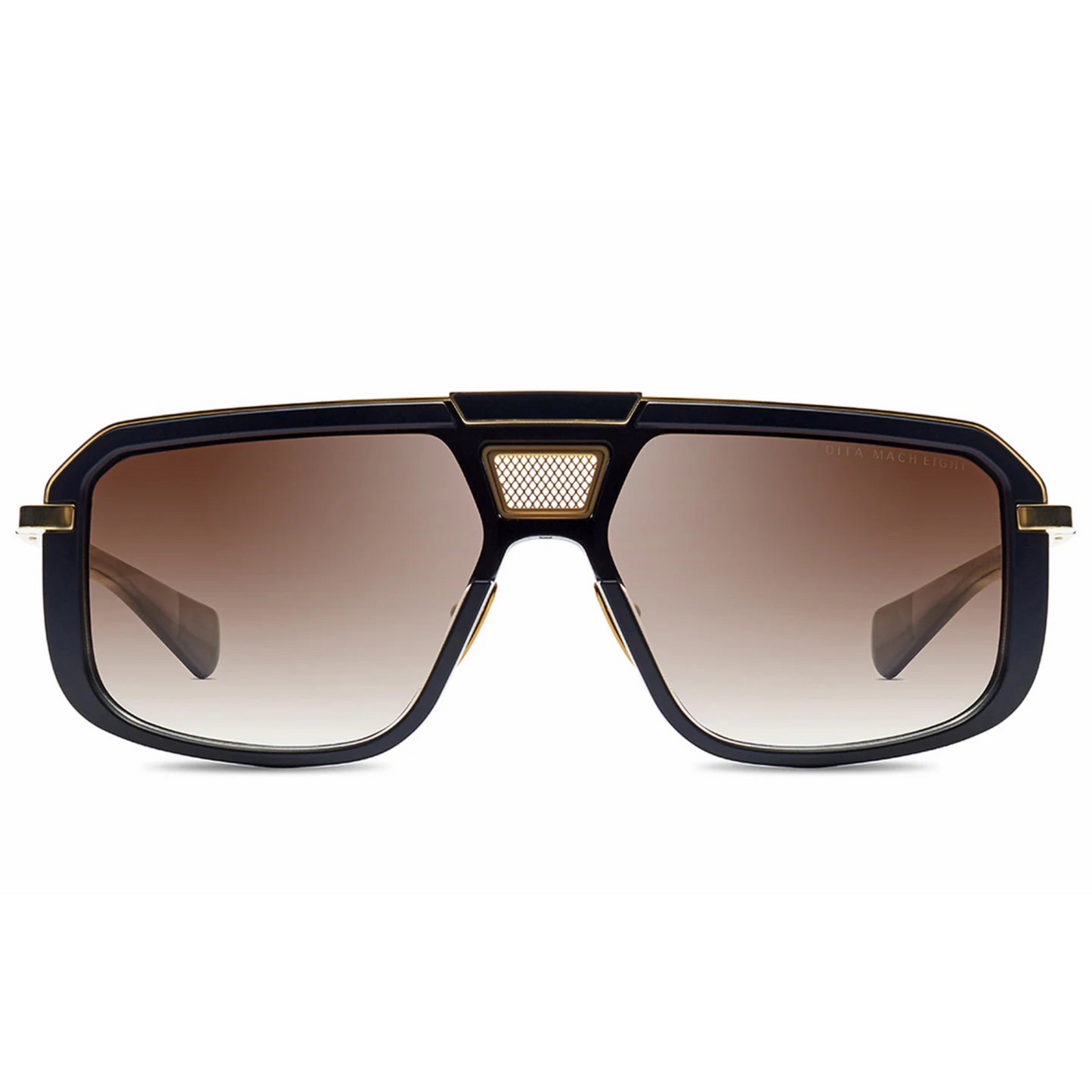 DITA Mach-Eight DTS400 luxury navigator full rim titanium metal sunglasses in matte black and yellow gold with brown gradient lenses