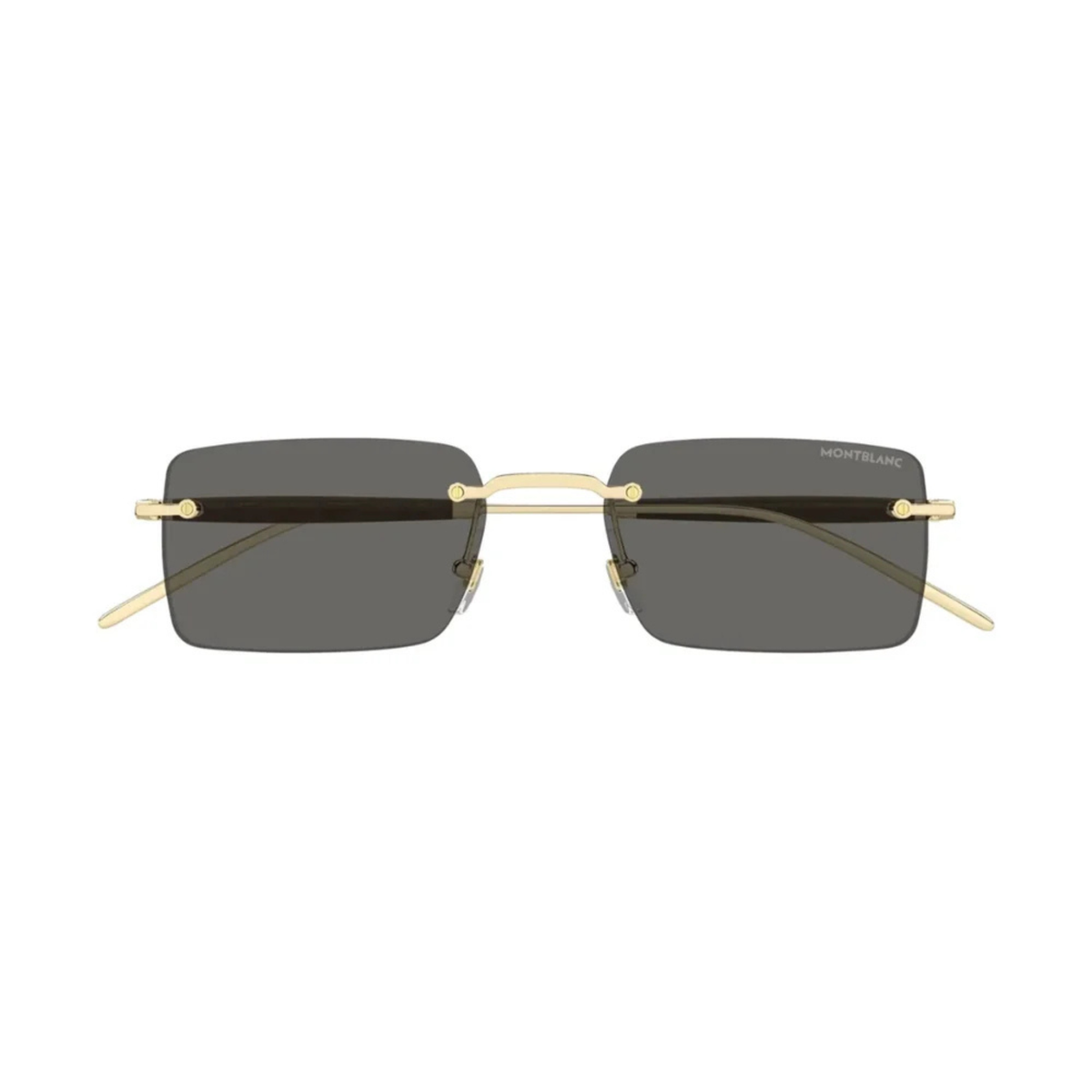 Montblanc MB0453S men's rectangular rimless sunglasses with metal frame and wooden temples, front view.