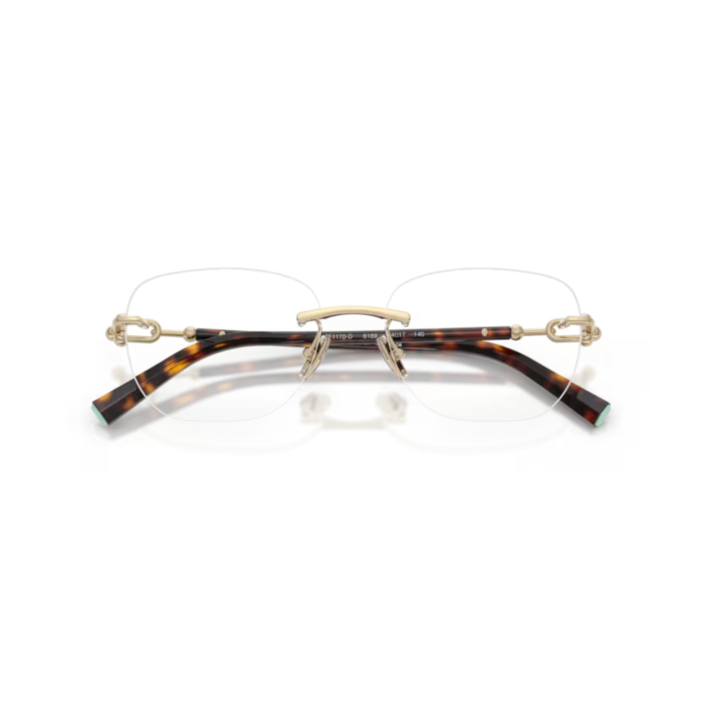 Tiffany & Co. TF1170D women's square rimless metal optical frame with refined luxury styling.