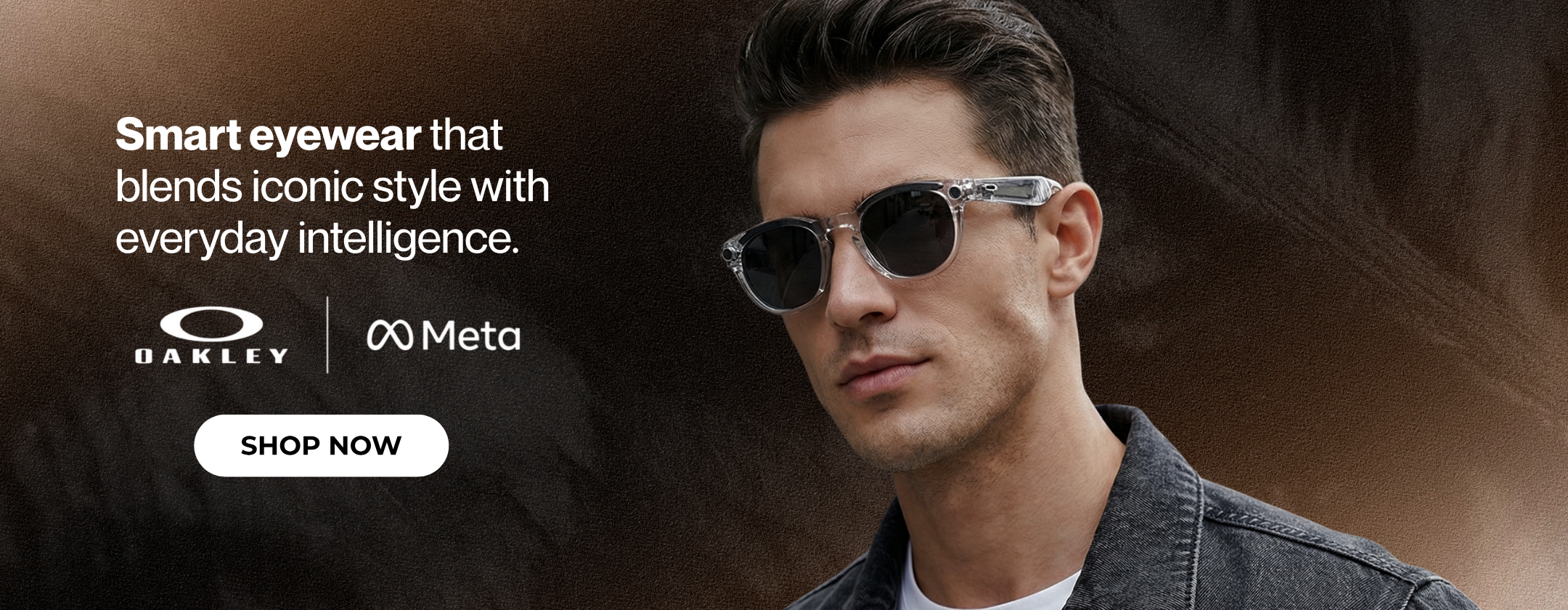 Man wearing sunglasses with Oakley and Meta branding, promotional text about smart eyewear.