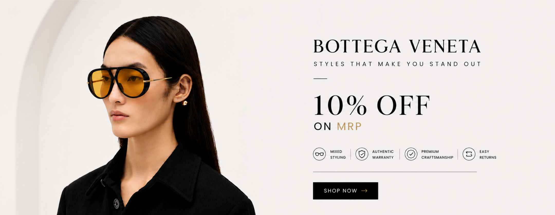 A woman wearing yellow-tinted square sunglasses and a black collared shirt, shown beside Bottega Veneta promotional text reading '10% OFF ON MRP' on a light gray background.