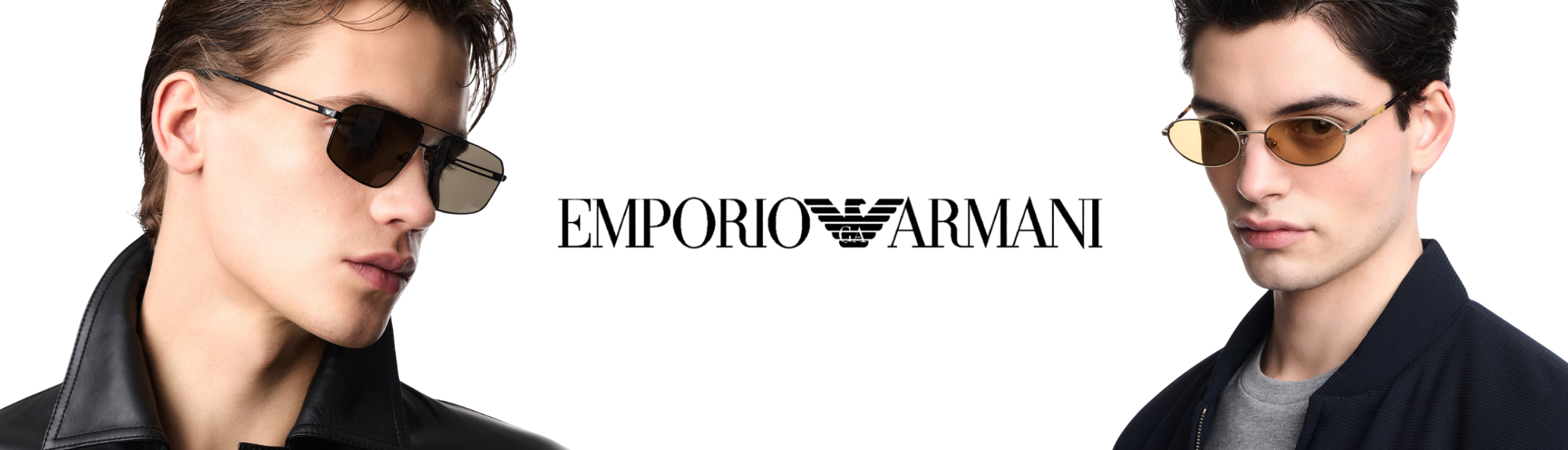 Two male models wearing Emporio Armani sunglasses, one with dark brown lenses and one with yellow-tinted lenses, set against a plain white background with the brand logo in the center.