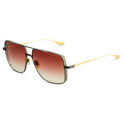 DITA DTS157 pilot full rim titanium sunglasses in black iron and yellow gold with dark burgundy gradient lenses
