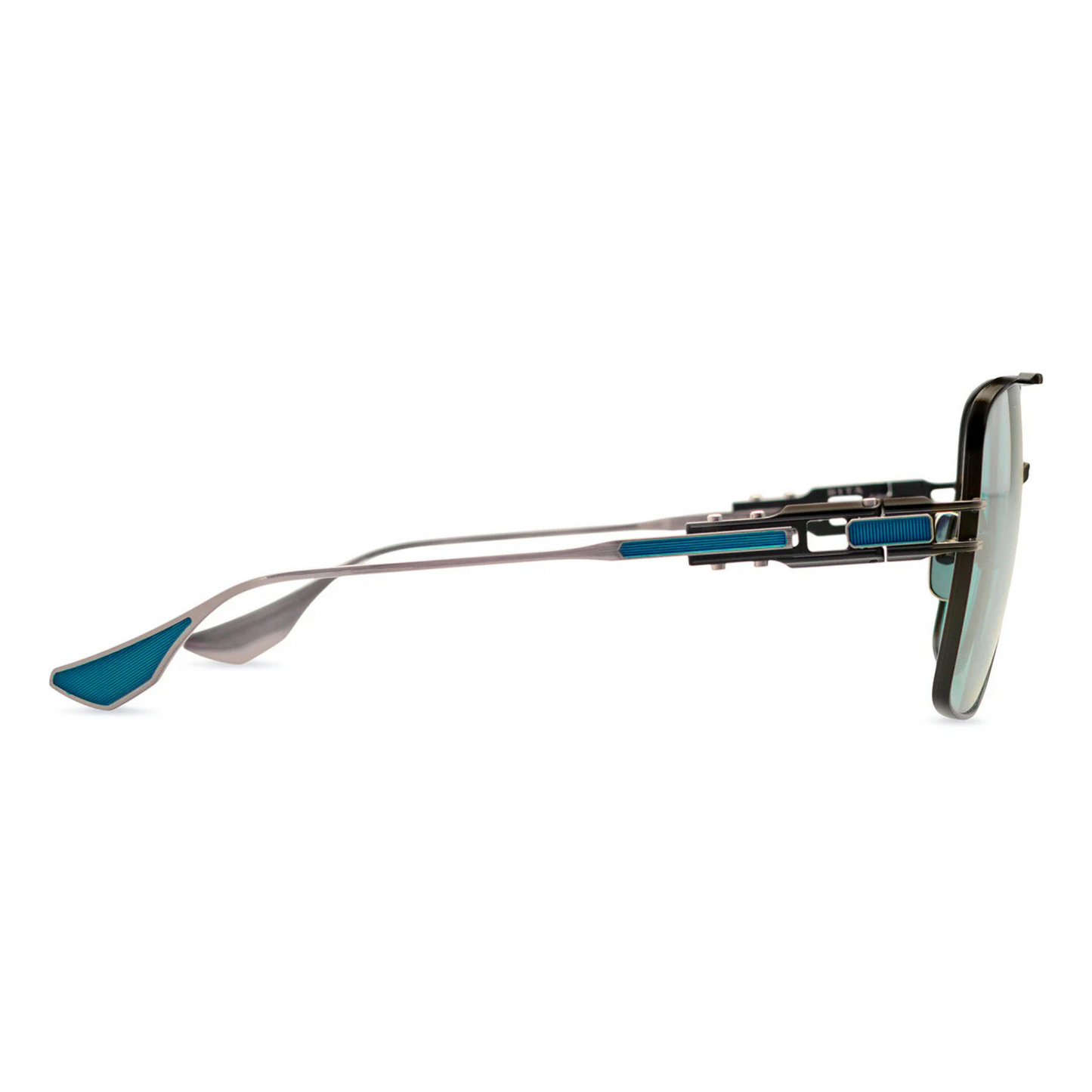 DITA Grand Emperik DTS159 pilot full rim titanium sunglasses in matte black antique silver with dark turquoise blue lenses