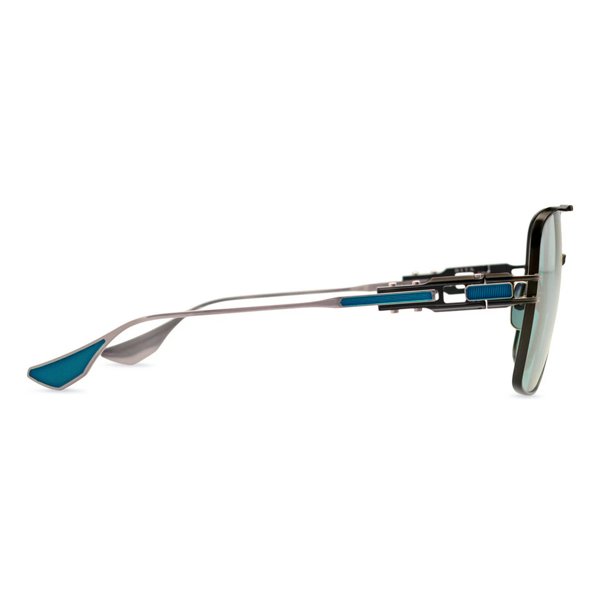 DITA Grand Emperik DTS159 pilot full rim titanium sunglasses in matte black antique silver with dark turquoise blue lenses