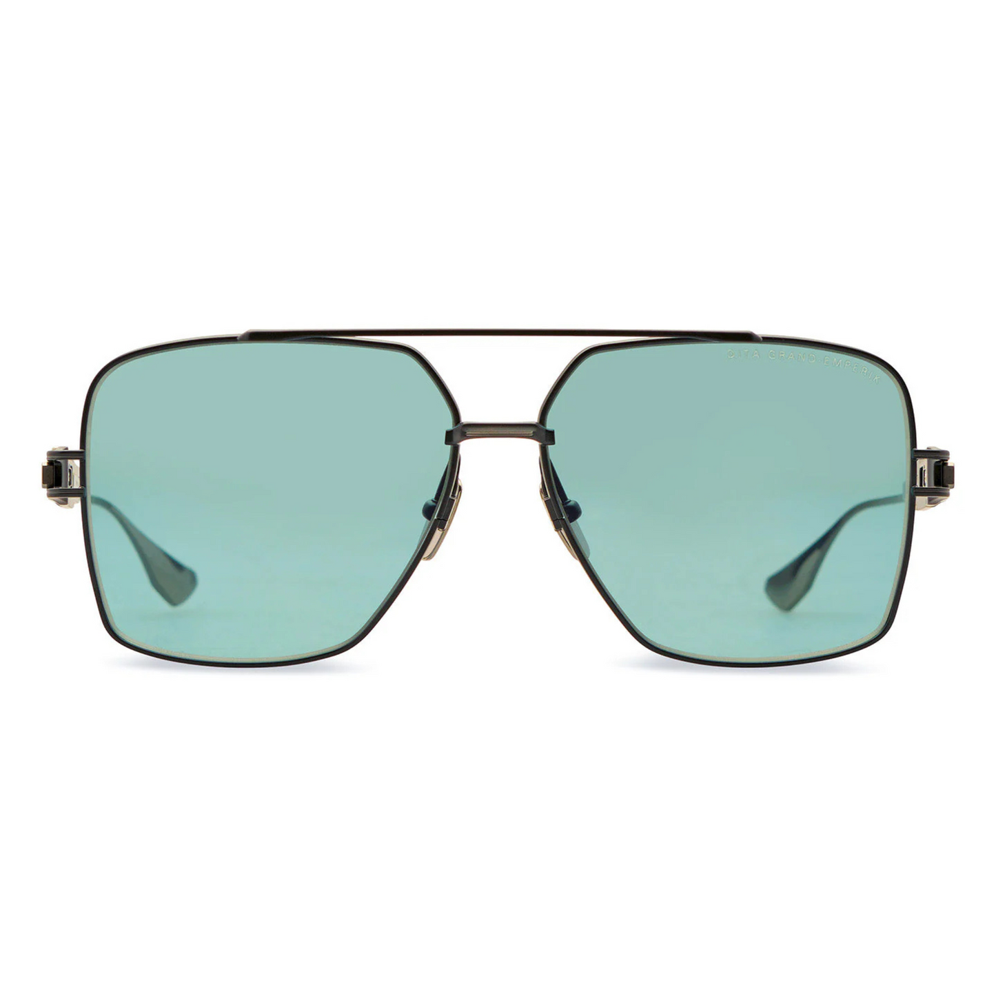 DITA Grand Emperik DTS159 pilot full rim titanium sunglasses in matte black antique silver with dark turquoise blue lenses