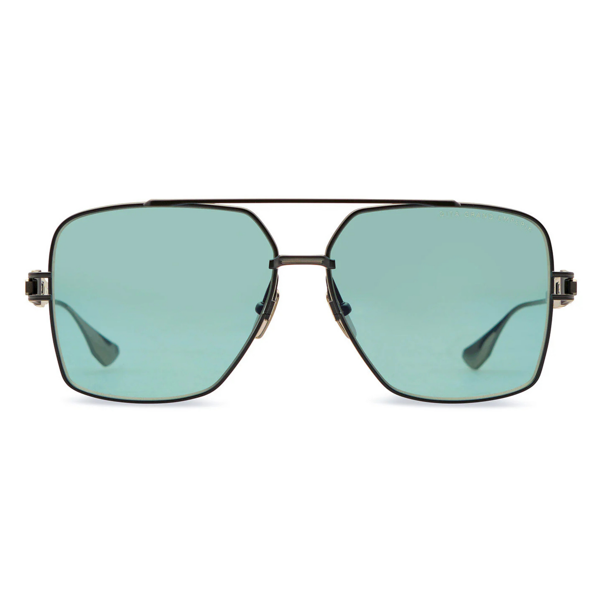 DITA Grand Emperik DTS159 pilot full rim titanium sunglasses in matte black antique silver with dark turquoise blue lenses