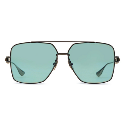 DITA Grand Emperik DTS159 pilot full rim titanium sunglasses in matte black antique silver with dark turquoise blue lenses