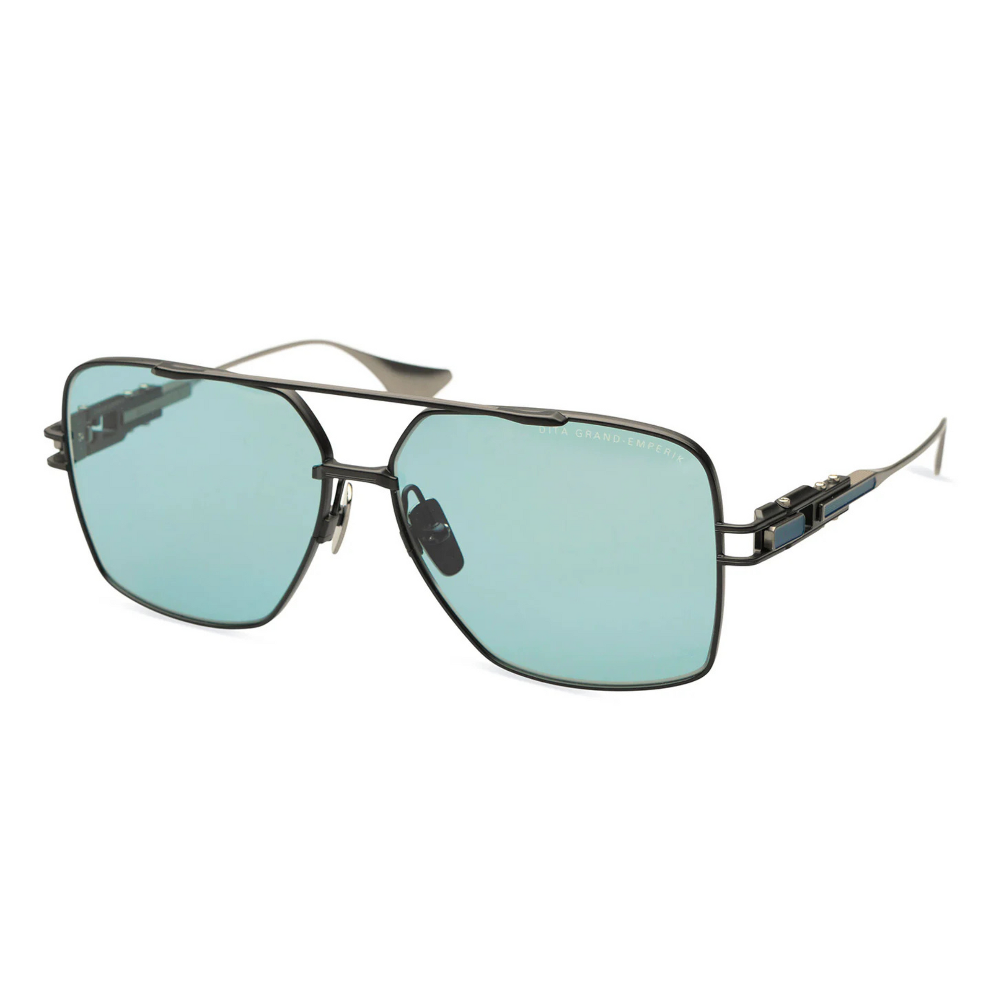 DITA Grand Emperik DTS159 pilot full rim titanium sunglasses in matte black antique silver with dark turquoise blue lenses