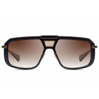 DITA Mach-Eight DTS400 luxury navigator full rim titanium metal sunglasses in matte black and yellow gold with brown gradient lenses