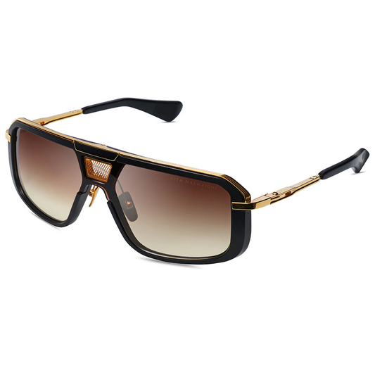 DITA Mach-Eight DTS400 luxury navigator full rim titanium metal sunglasses in matte black and yellow gold with brown gradient lenses