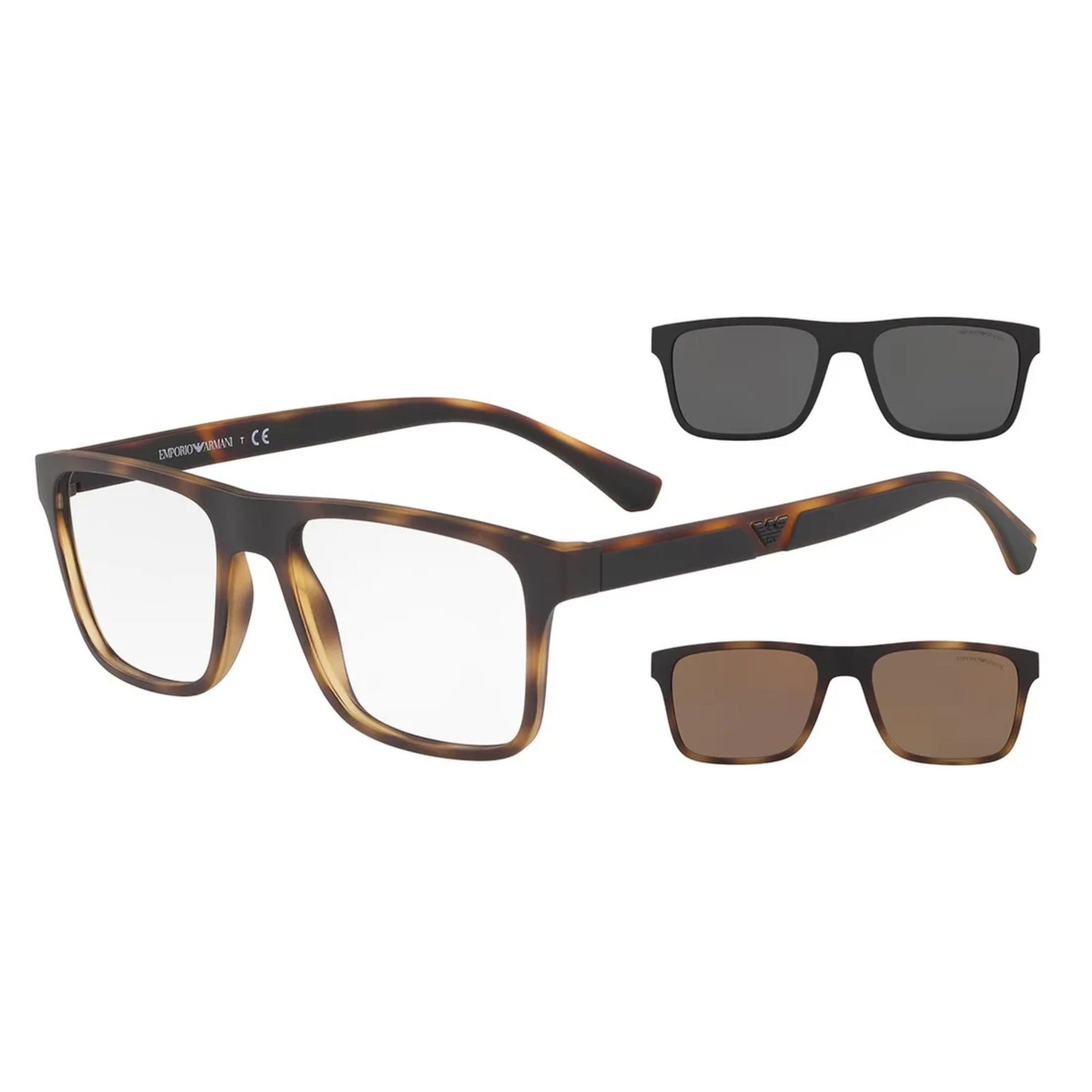 Emporio Armani EA4115 clip-on square acetate eyeglasses with magnetic sun clip and prescription-ready optical frame.