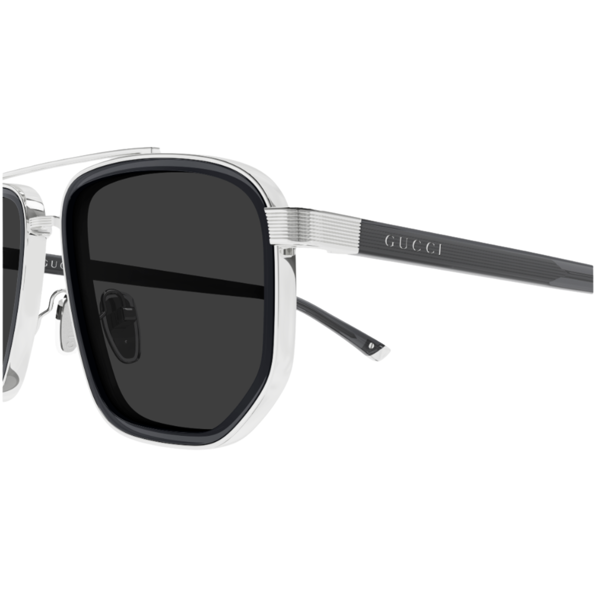 Gucci GG2073S unisex geometric pilot sunglasses with close-up of metal and acetate frame construction
