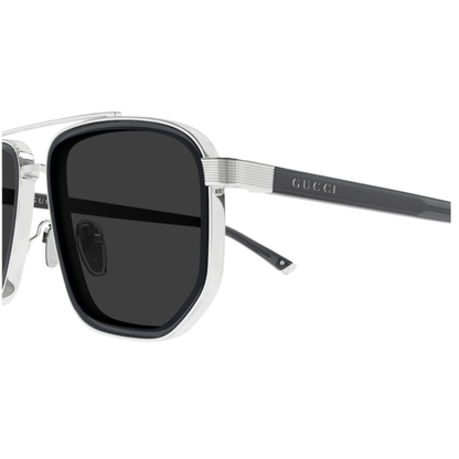Gucci GG2073S unisex geometric pilot sunglasses with close-up of metal and acetate frame construction
