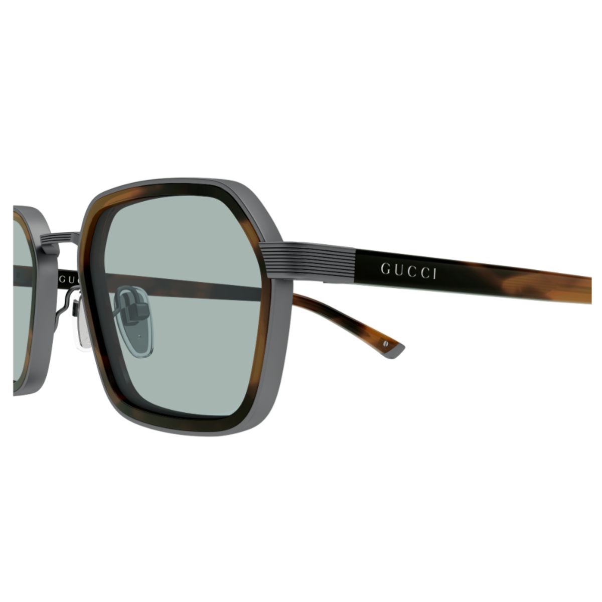 Gucci GG2074S men's rectangular metal frame hinge construction close up