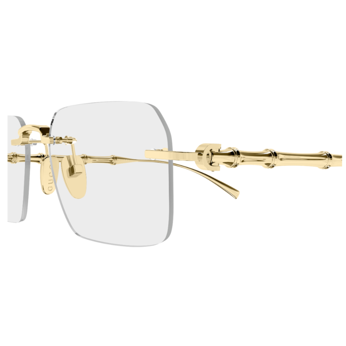 Gucci GG2154O men's squared rimless metal frame hinge and temple construction detail