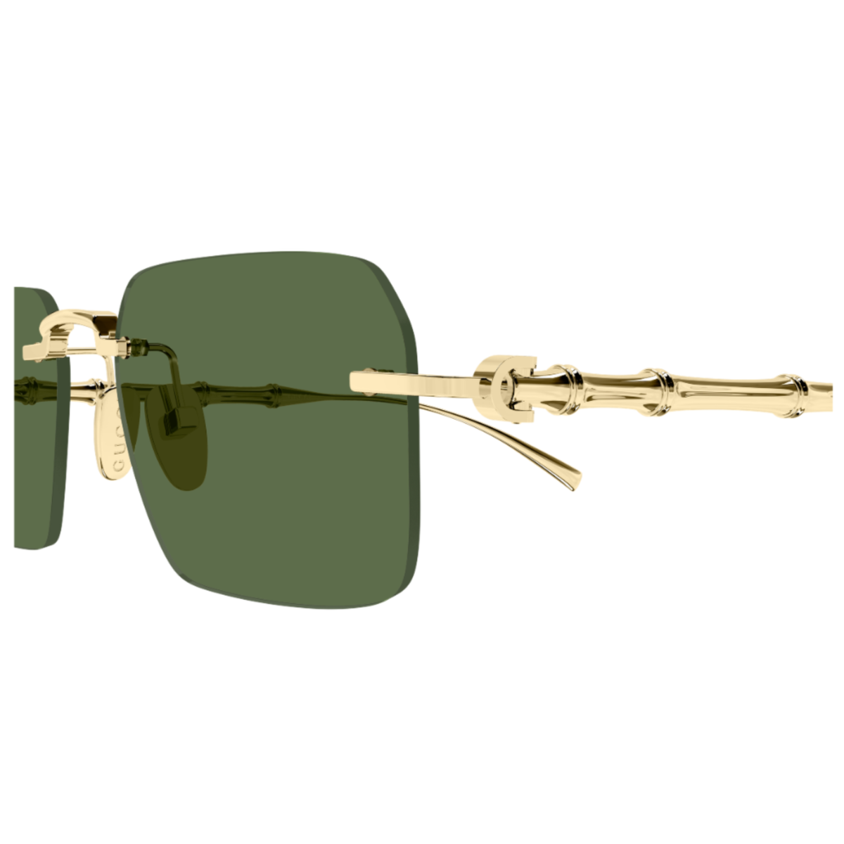 Gucci GG2154S unisex square sunglasses close-up of metal hinge and rimless construction