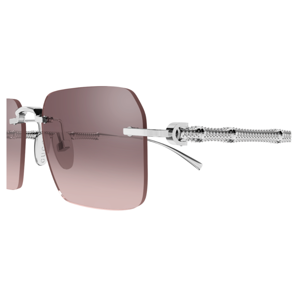 Gucci GG2154S unisex square sunglasses close-up of metal hinge and rimless construction