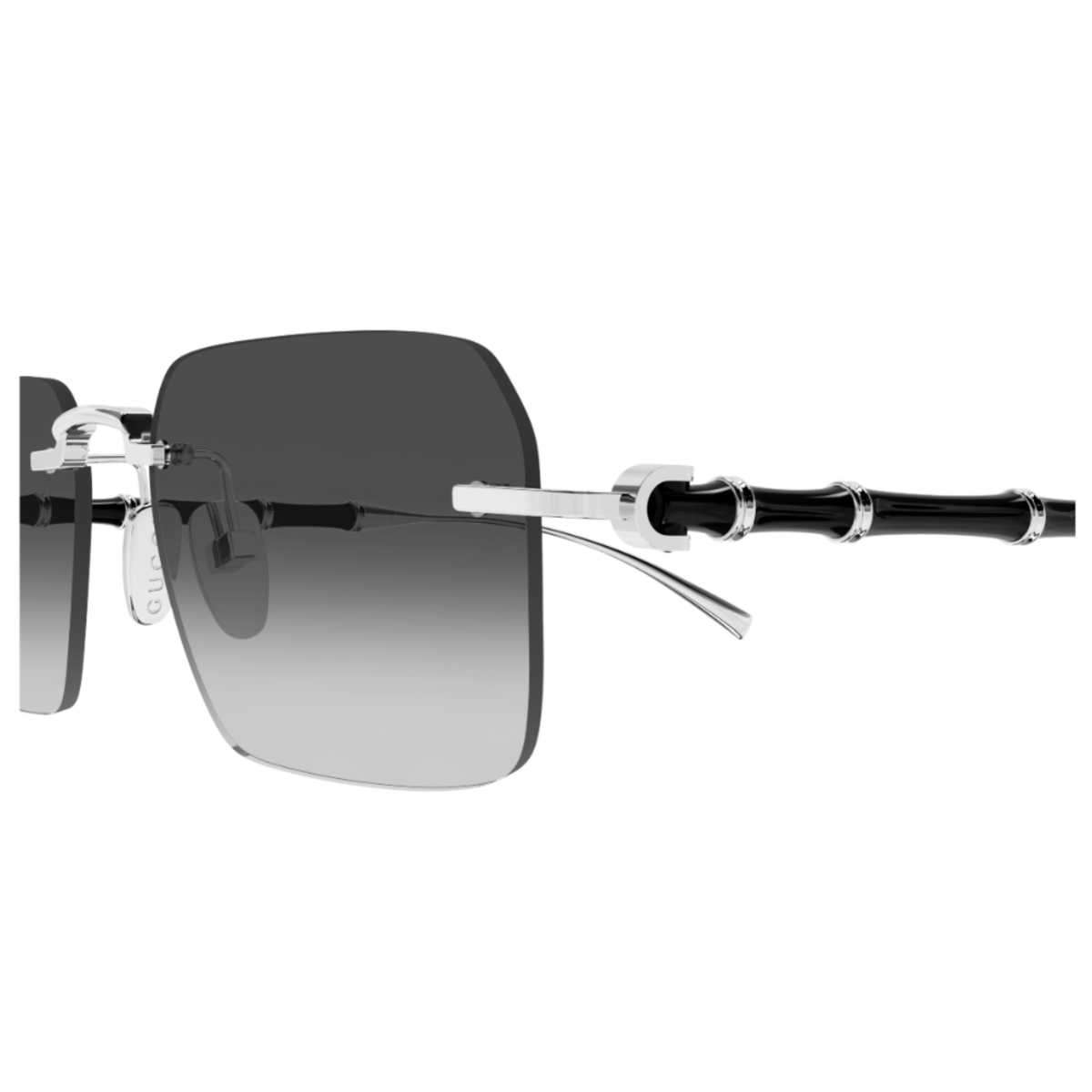 Gucci GG2154S unisex square sunglasses close-up of metal hinge and rimless construction