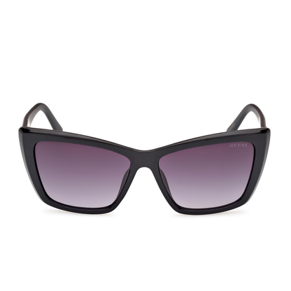 GUESS GU000098 women’s injected plastic cat-eye sunglasses in black and gold, front view