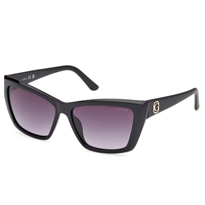 GUESS GU000098 women’s injected plastic cat-eye sunglasses showing the black and gold temple