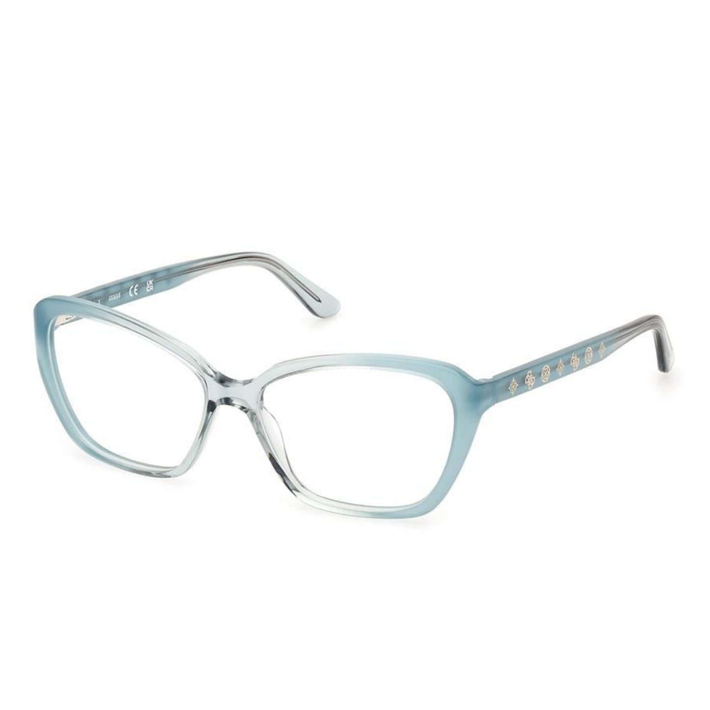 Guess GU50115 women's butterfly optical frame with lightweight plastic full-rim construction and designer styling. Angle View 