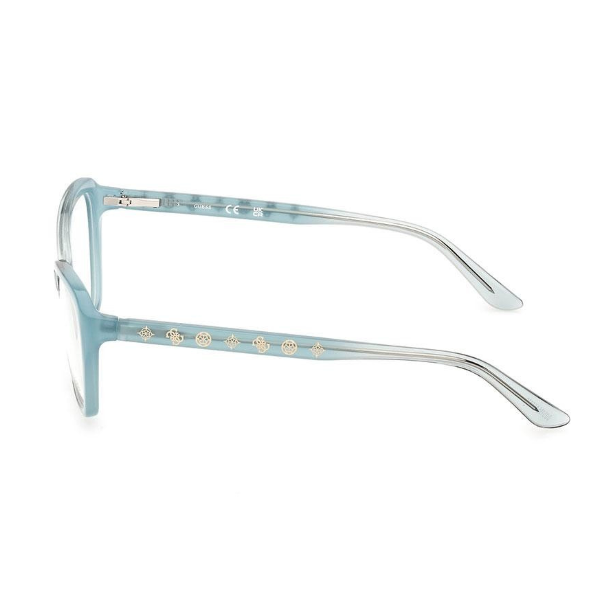 Guess GU50115 women's butterfly optical frame with lightweight plastic full-rim construction and designer styling. Side View 