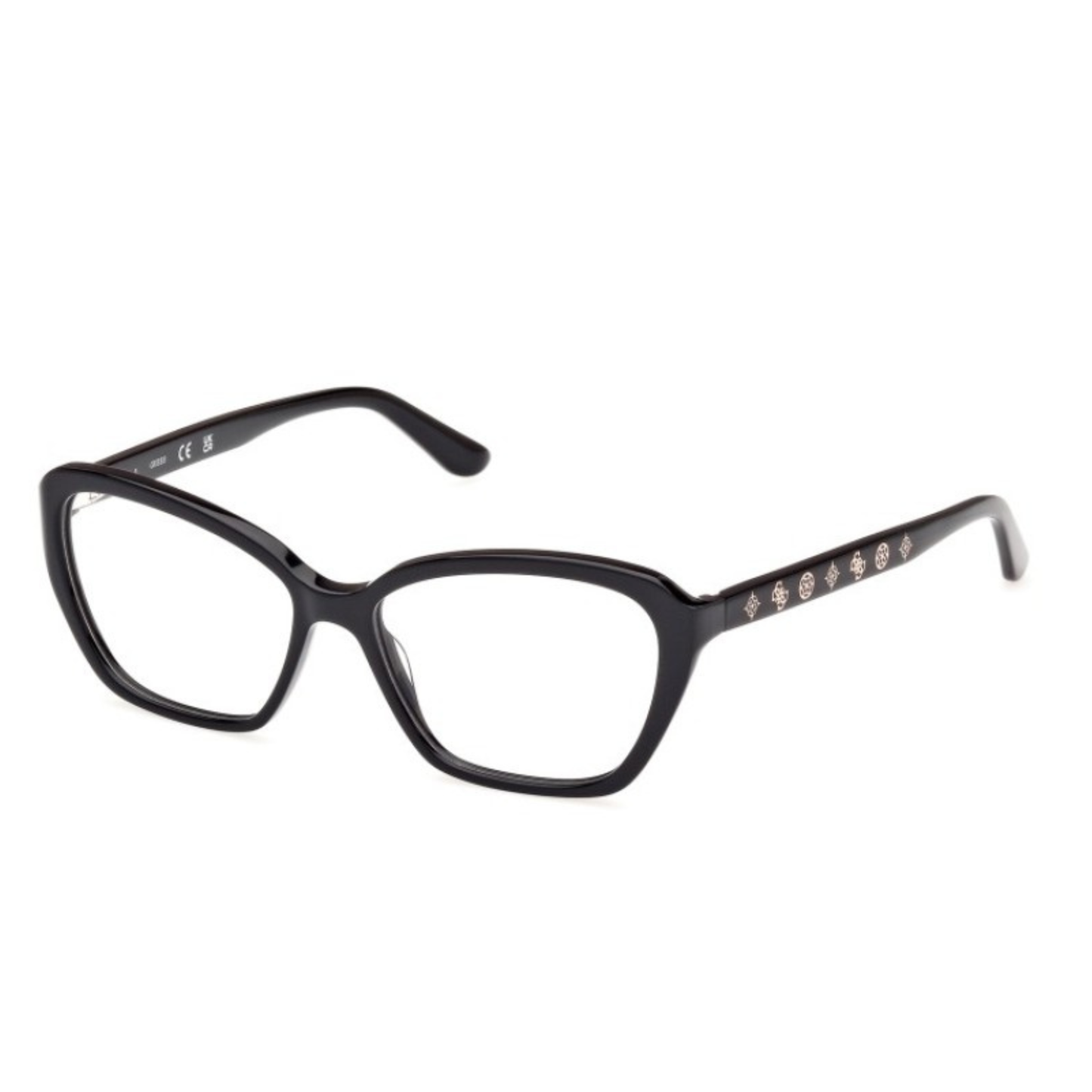 Guess GU50115 women's butterfly optical frame with lightweight plastic full-rim construction and designer styling. Angle View 