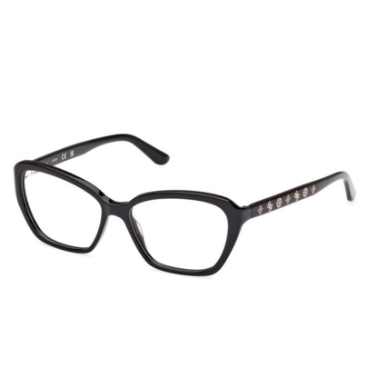 Guess GU50115 women's butterfly optical frame with lightweight plastic full-rim construction and designer styling. Angle View 