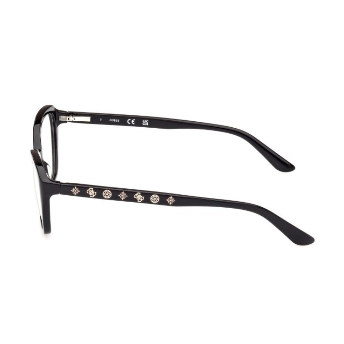 Guess GU50115 women's butterfly optical frame with lightweight plastic full-rim construction and designer styling. Side View 