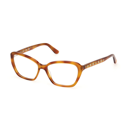 Guess GU50115 women's butterfly optical frame with lightweight plastic full-rim construction and designer styling. Angle View 