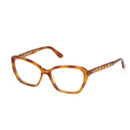 Guess GU50115 women's butterfly optical frame with lightweight plastic full-rim construction and designer styling. Angle View 