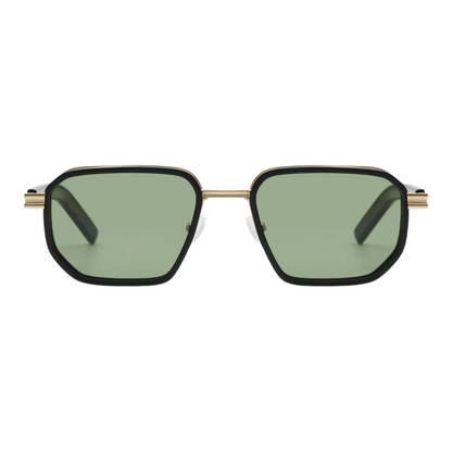 KOMONO Harvey White Gold Black square sunglasses with gold frame and green polarized lenses