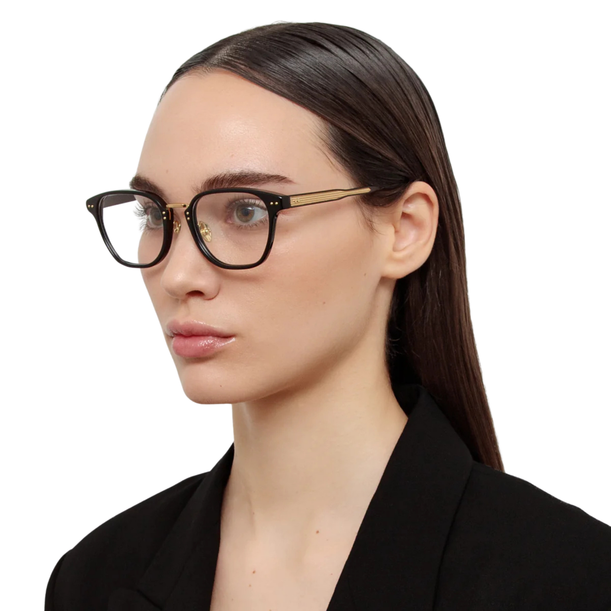 Linda Farrow LF1534 Jeffrey square full rim acetate eyeglasses in black gold with clear lenses