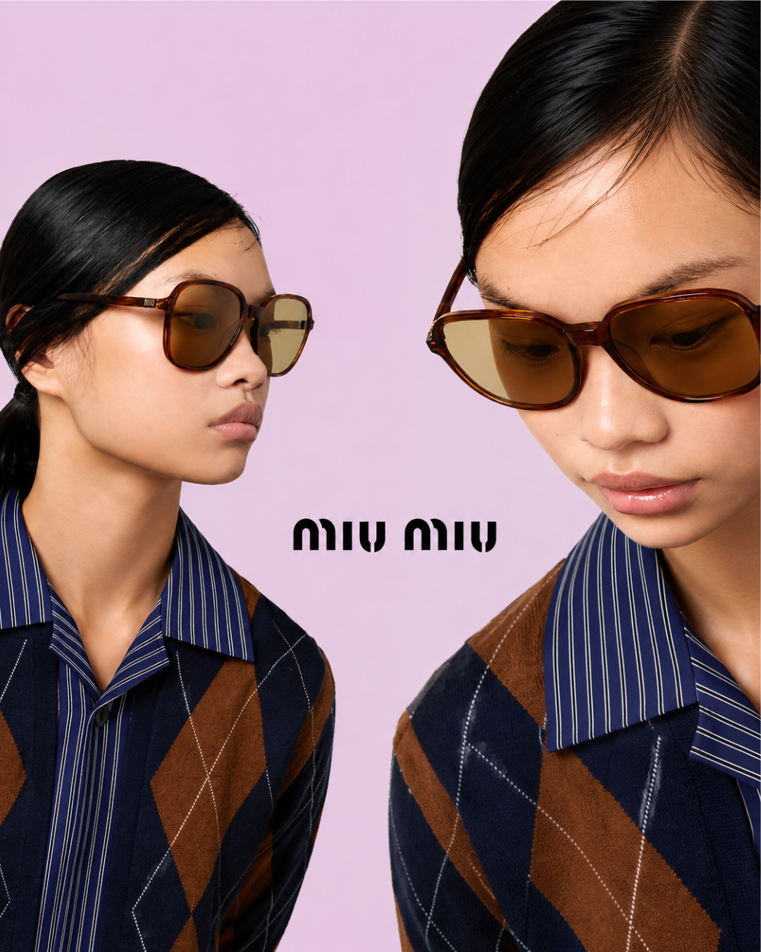 Two views of a model wearing Miu Miu sunglasses with brown frames and amber lenses, paired with a navy and brown argyle shirt, set against a solid light purple background.