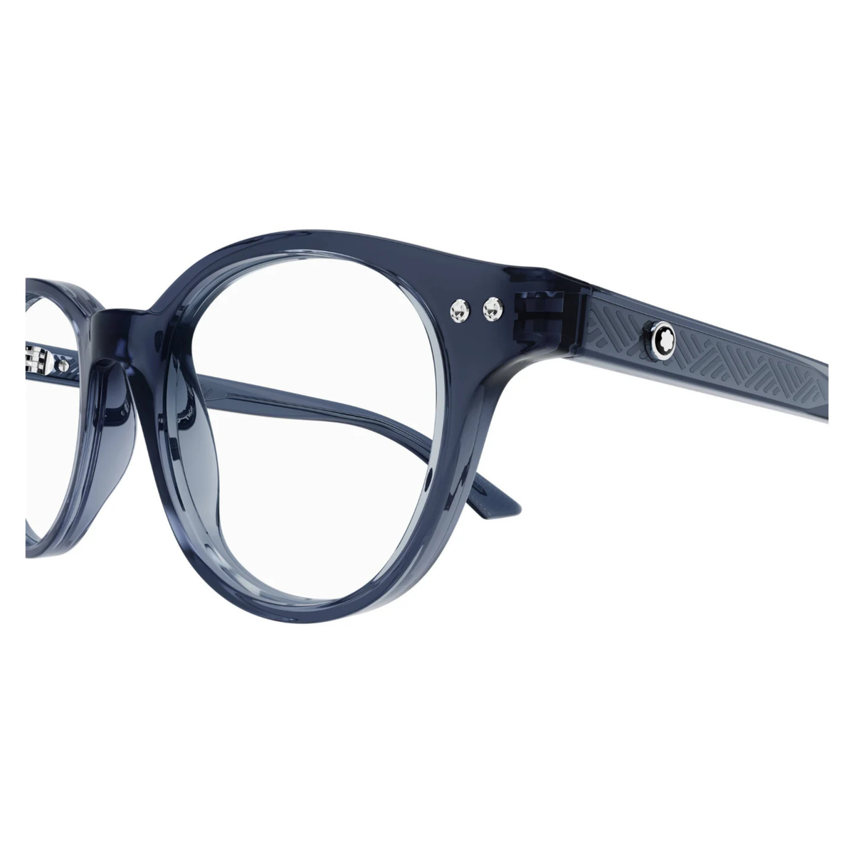 Montblanc MB0255O men's round acetate optical frame hinge and rim detail