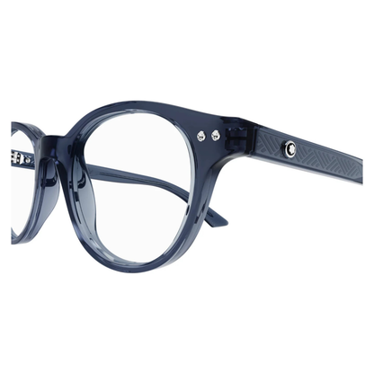 Montblanc MB0255O men's round acetate optical frame hinge and rim detail