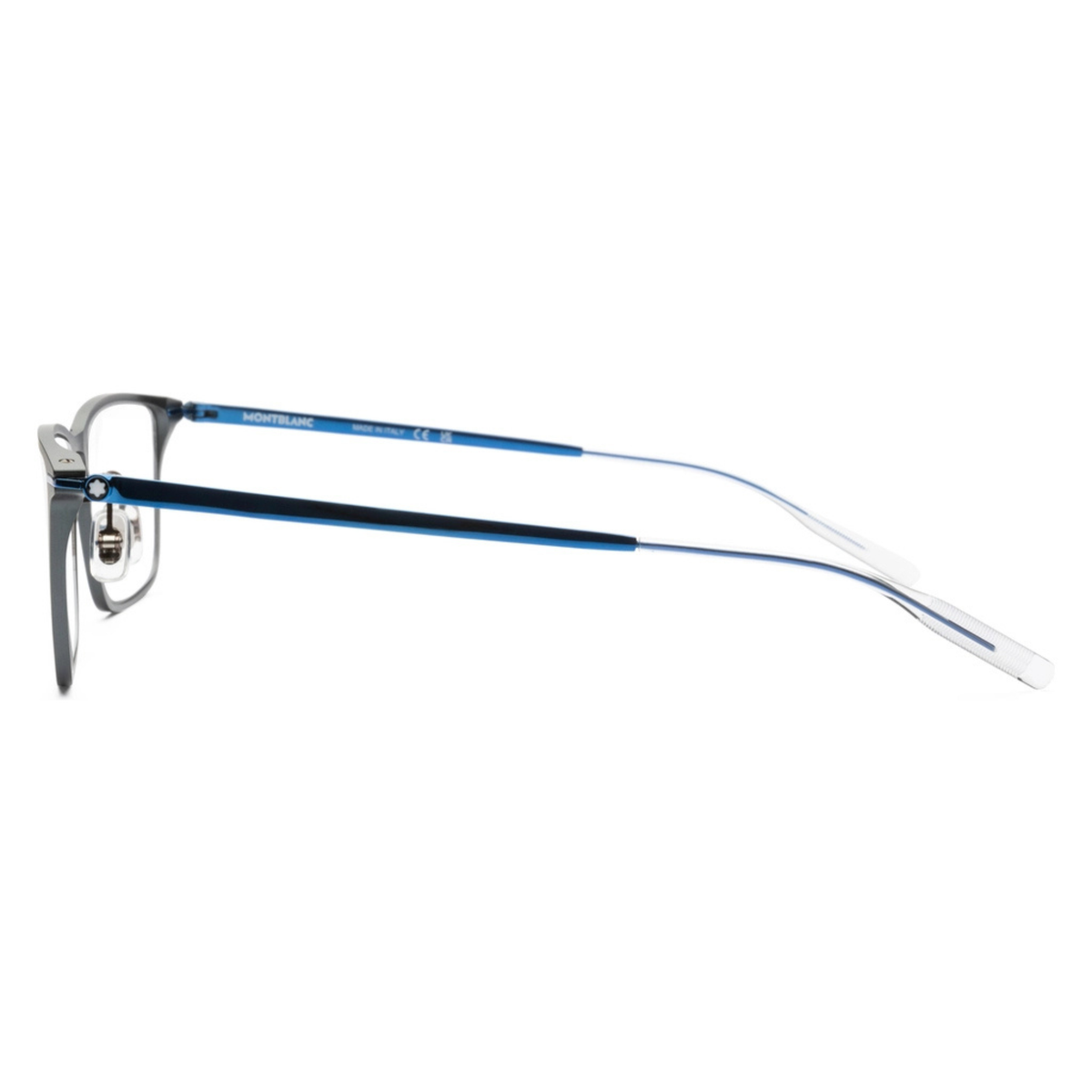Montblanc MB0285OA men's metal rectangle optical frame side view showing temples