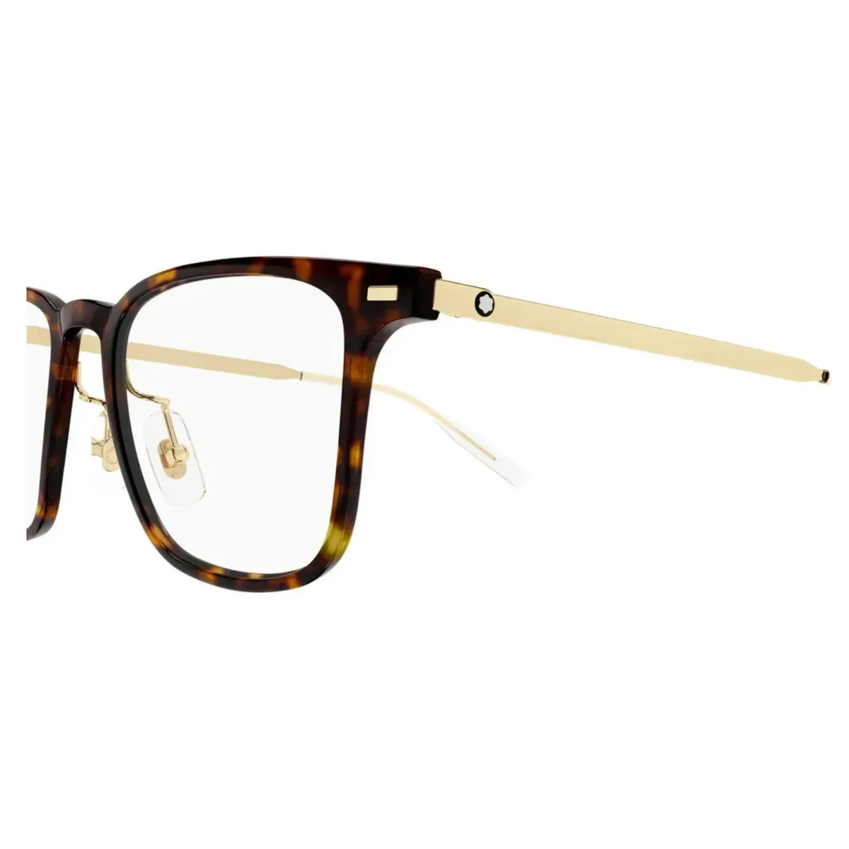 Montblanc MB0395ON men's square optical frame close-up showing hinge construction and metal temple
