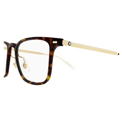 Montblanc MB0395ON men's square optical frame close-up showing hinge construction and metal temple