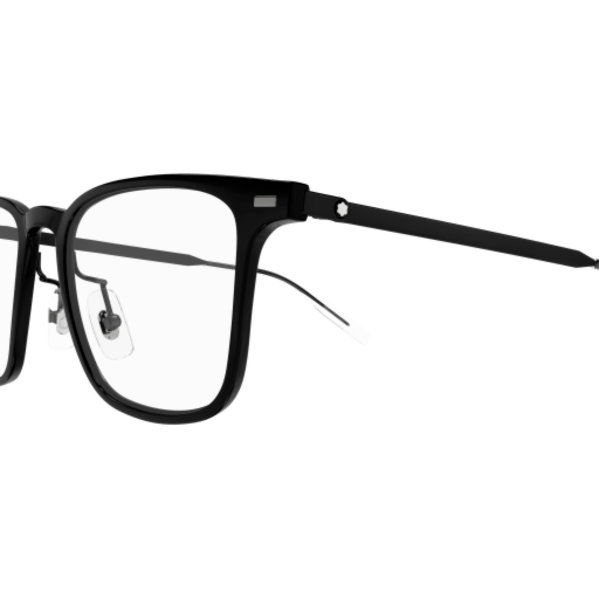 Montblanc MB0395ON men's square optical frame close-up showing hinge construction and metal temple