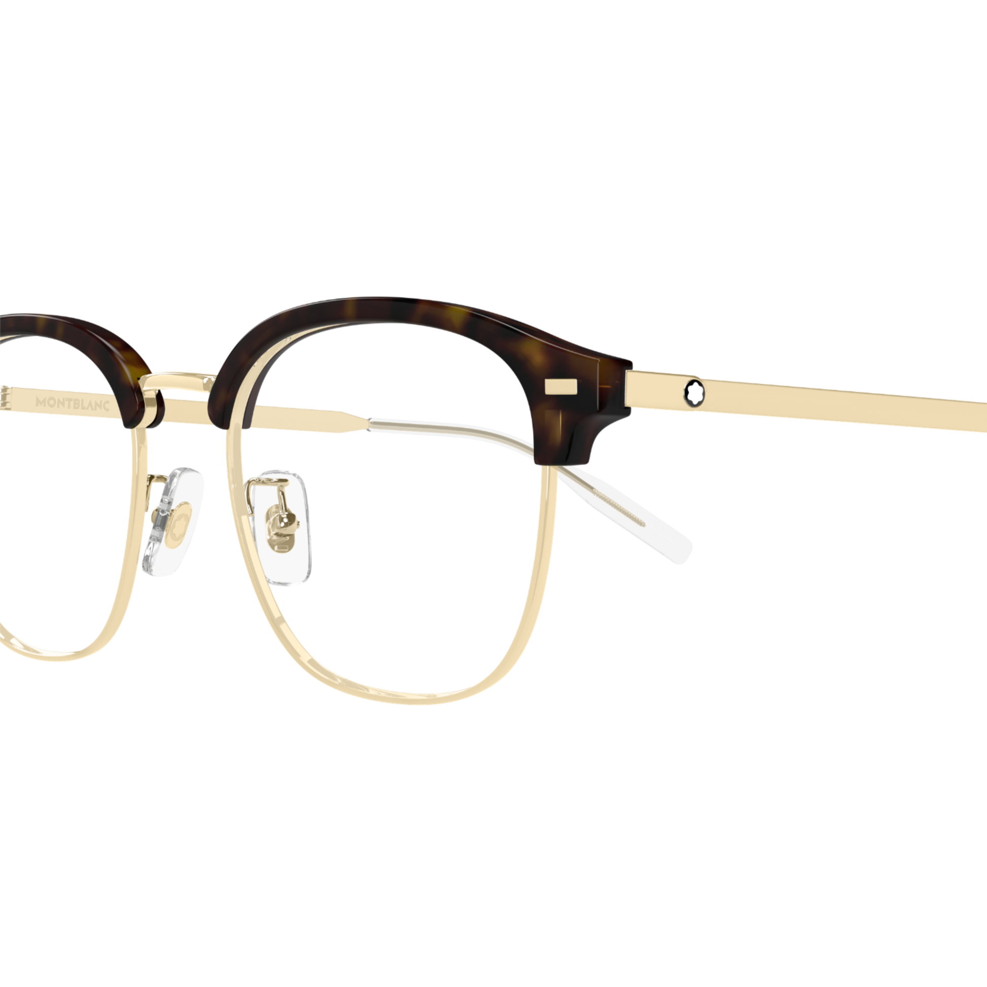 Montblanc MB0446OA Clubmaster optical frame detail view with titanium construction