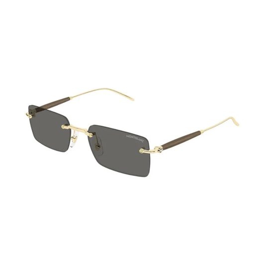 Montblanc MB0453S men's rectangle rimless sunglasses showing metal construction and wooden temple profile.