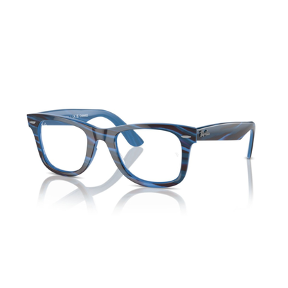 Ray-Ban RB4340V Blue8384 Wayfarer Ease square eyeglasses with full-rim lightweight optical frame and classic Wayfarer styling.