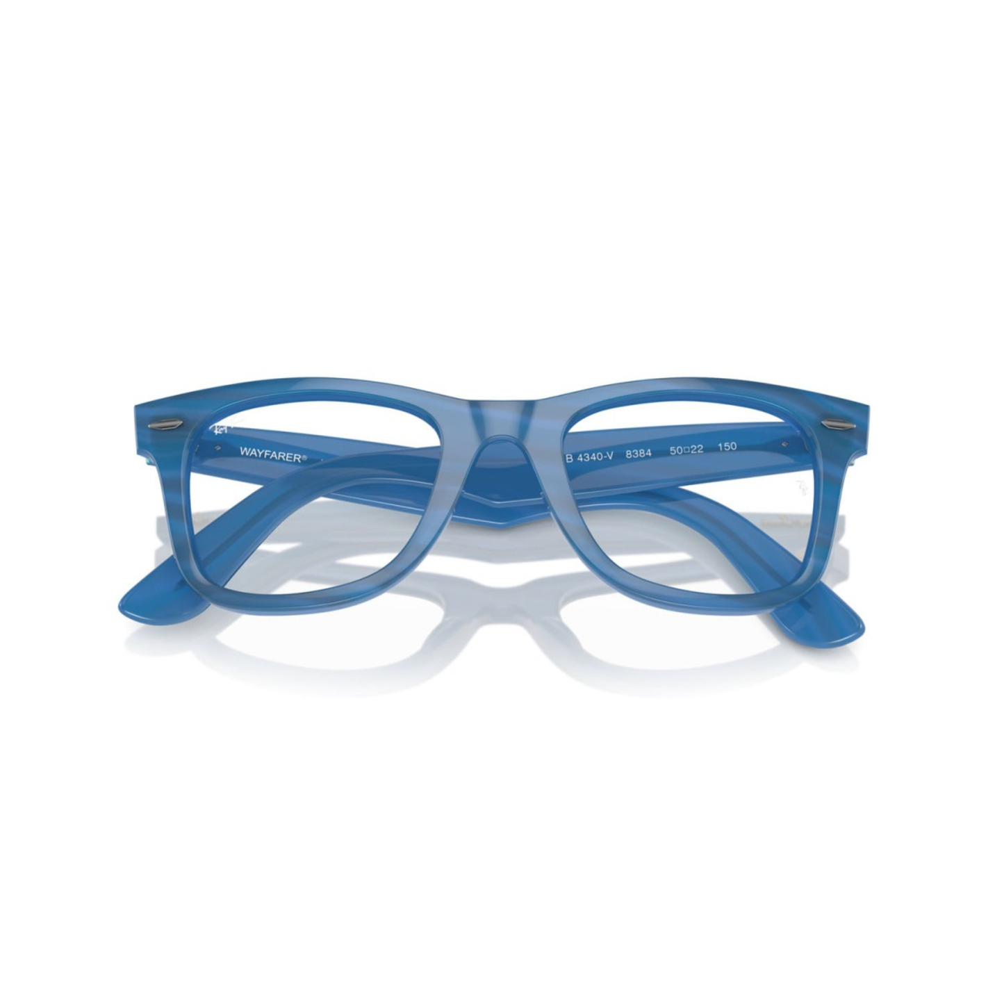 Ray-Ban RB4340V Blue8384 Wayfarer Ease square eyeglasses with full-rim lightweight optical frame and classic Wayfarer styling.