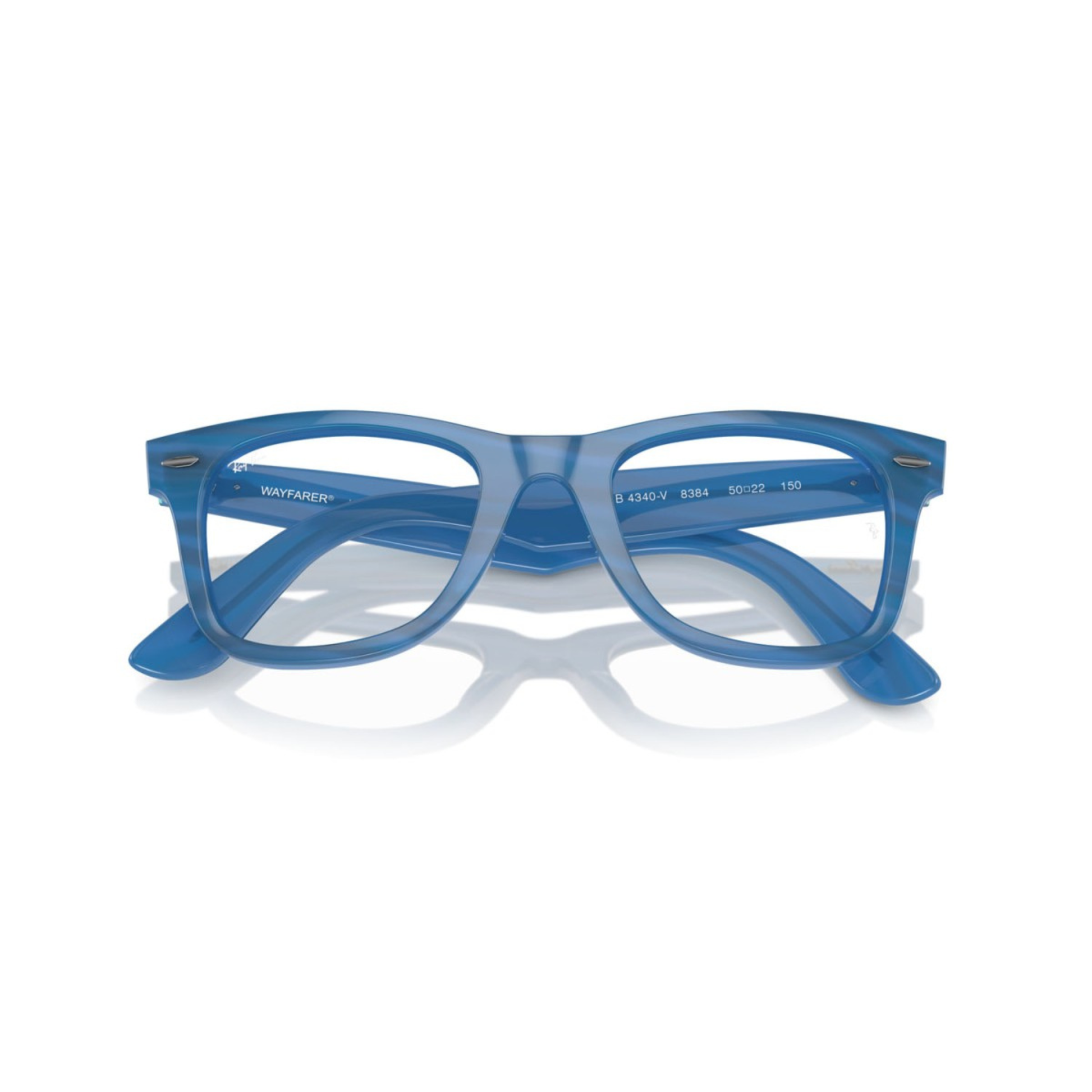 Ray-Ban RB4340V Blue8384 Wayfarer Ease square eyeglasses with full-rim lightweight optical frame and classic Wayfarer styling.