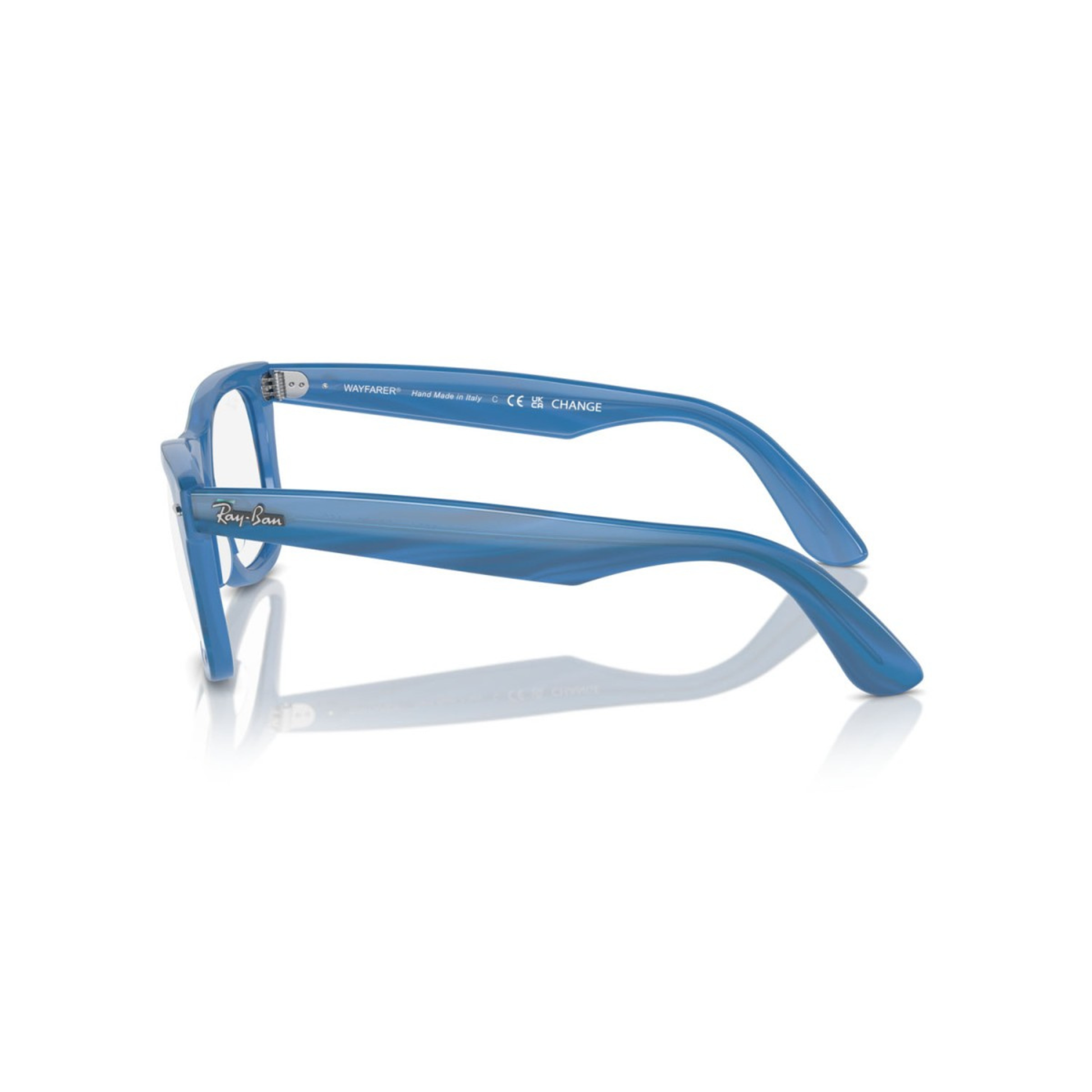 Ray-Ban RB4340V Blue8384 Wayfarer Ease square eyeglasses with full-rim lightweight optical frame and classic Wayfarer styling.