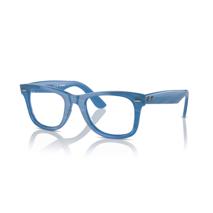 Ray-Ban RB4340V Blue8384 Wayfarer Ease square eyeglasses with full-rim lightweight optical frame and classic Wayfarer styling.