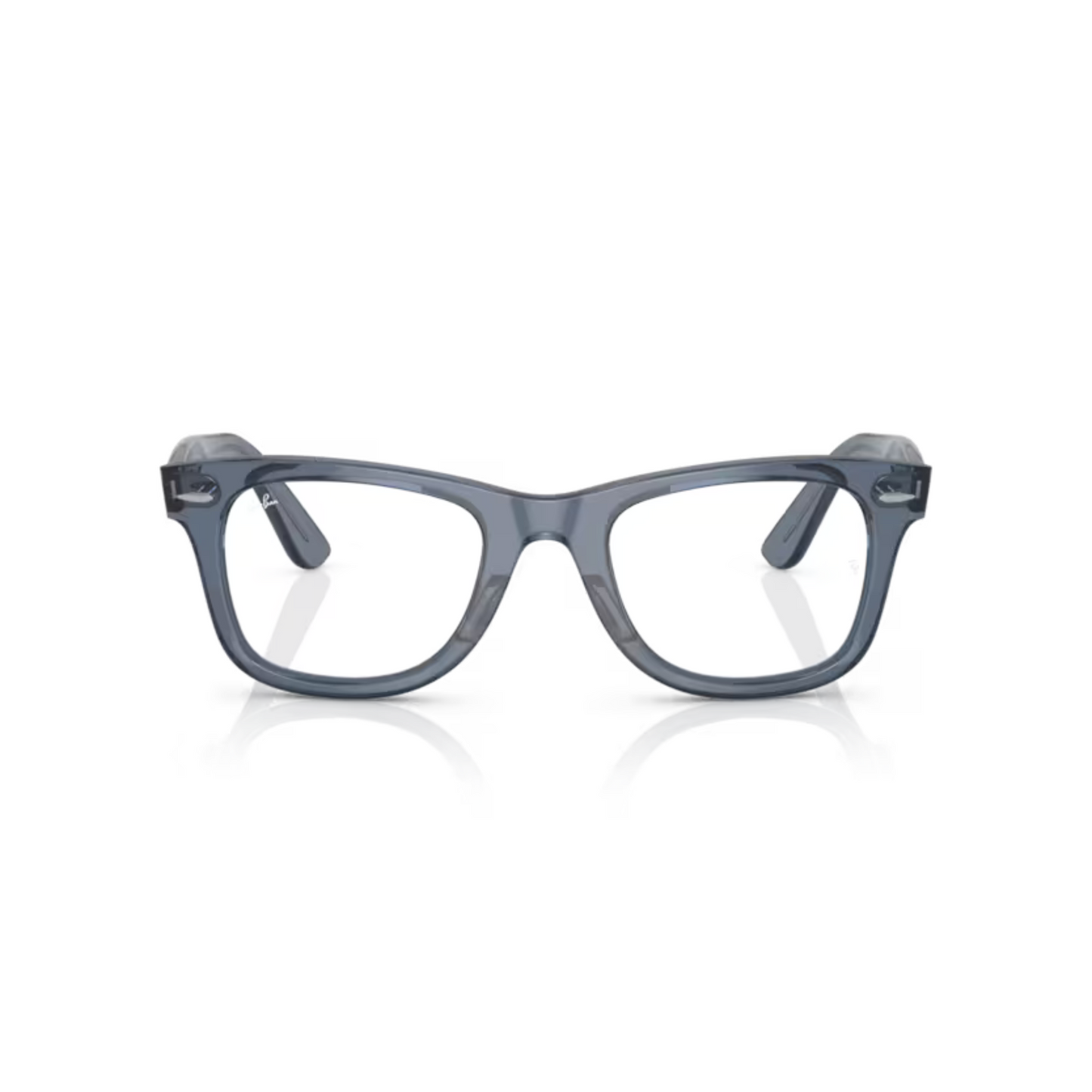  Ray-Ban RB4340V TransparentDarkBlue/8223 Wayfarer Ease square eyeglasses with full-rim lightweight optical frame and classic Wayfarer styling.