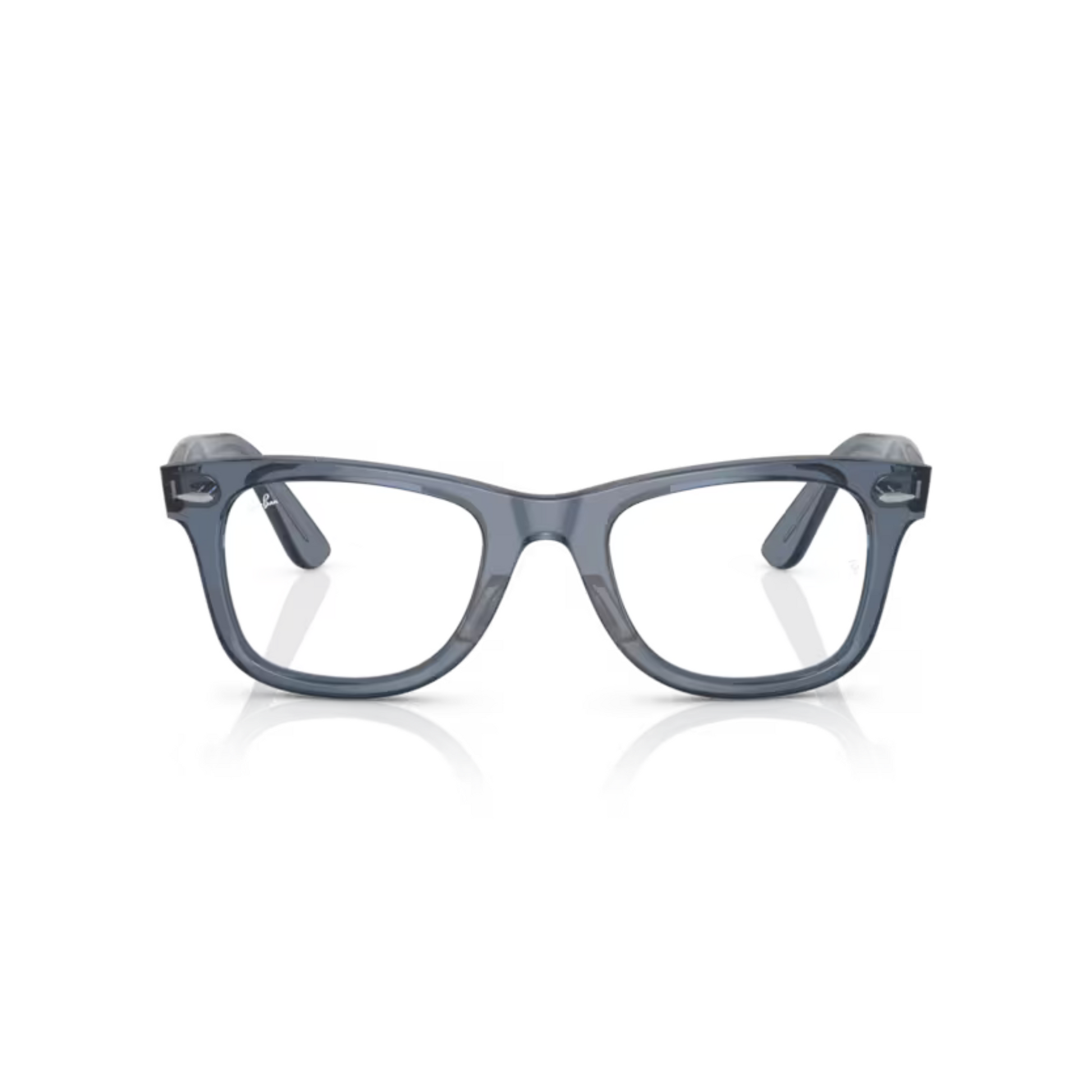  Ray-Ban RB4340V TransparentDarkBlue/8223 Wayfarer Ease square eyeglasses with full-rim lightweight optical frame and classic Wayfarer styling.